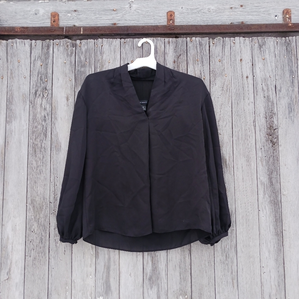 Club Monaco Womens Sz XS Black‎ V-neck Blouse Sheer Stripe Long Sleeves